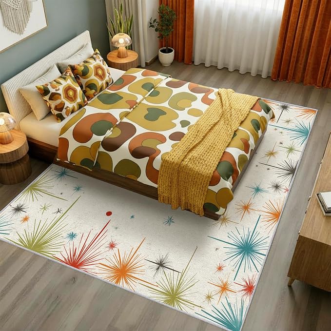 Mid Century Modern Rug 5x7 50s 60s Retro Starburst Pattern Area Rugs for Living Room, Bedroom, Mid Century Modern Home Decor Accessories Indoor Carpet, Non Slip & Machine Washable