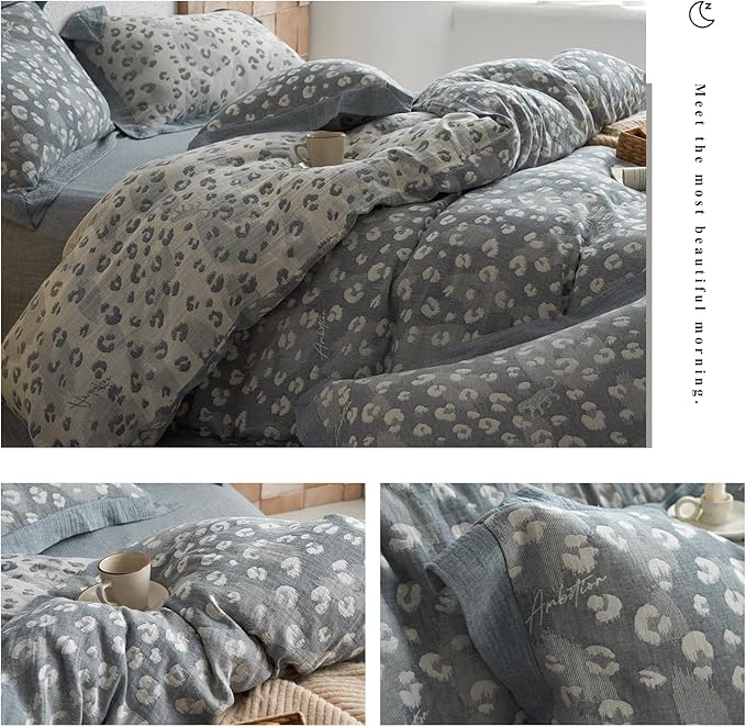 Grey Leopard Print Duvet Cover Queen Yarn-Dyed Cotton Linen Textured Duvet Cover Jacquard Design Bedding Set Queen Vintage Animal Cheetah Print Comforter Cover Leopard Pattern Boho Floral Bedding Set