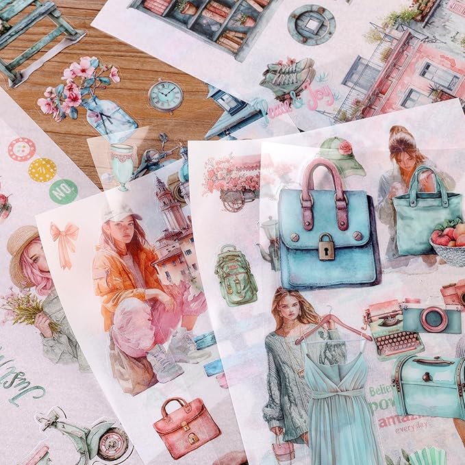 Auguro Scrapbooking Stickers 20 Sheets Pre-Cut 200 washi Stickers PET People Sticker Books for journaling Scrapbook Supplies Transparent Journal Sticker