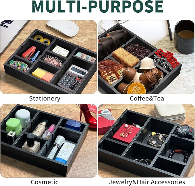 TEESSFROOD Desk Drawer Organizer Tray with 9 Adjustable Compartments, Wooden Office Desk Accessories Supplies Organization Storage for Desktop Bathroom Vanity Makeup Black