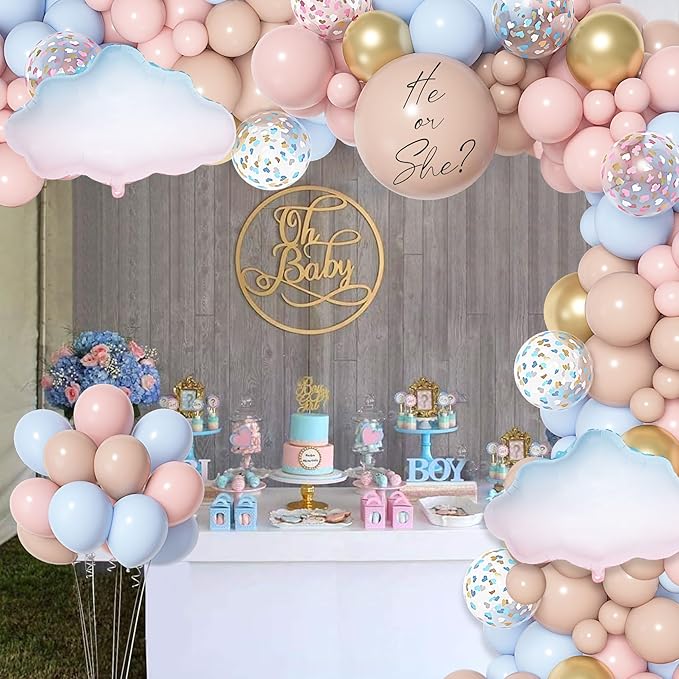 Amandir 185Pcs Gender Reveal Decorations, Double-Stuffed Pastel Pink and Blue Brown Nude Balloon Arch Kit White Cloud Hanging Moon Star Garland Boho Neutral Boy or Girl Bear Baby Shower Party Supplies