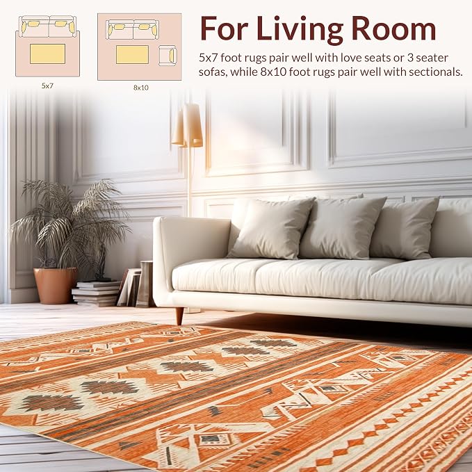 Flatwoven High Traffic Area Rug 6x9, Southwestern Inspired Rug Featuring Bold Aztec Diamond, Non Slip, Stain Resistant, Washable Area Rugs for Living Room, Bedroom (Orange, 6x9)