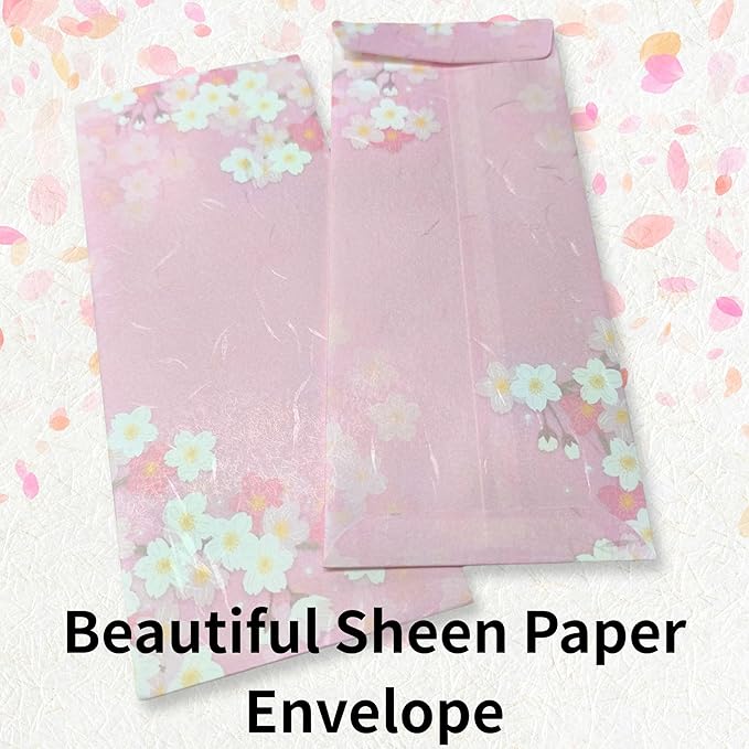 Japanese Cherry Blossom Envelopes 8 Pack, Made in Japan, (Dark Pink), Elegant Washi Paper, Self Sealing, Sakura