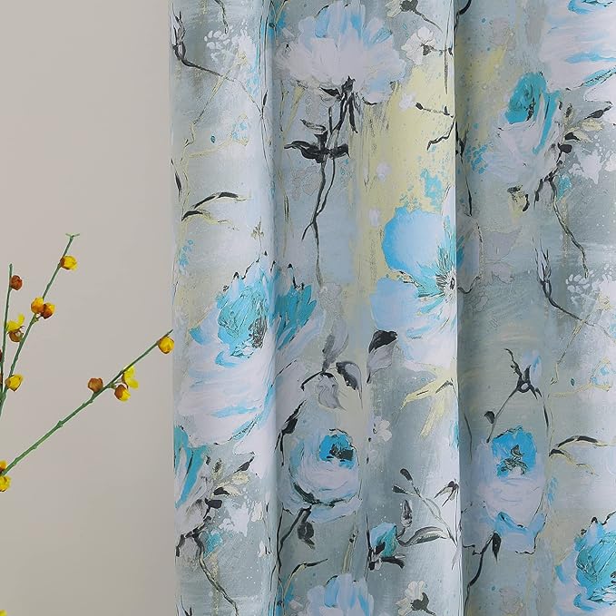 MYSKY HOME Bule Floral Curtains 63 inch Length 2 Panels Printed Curtains for Bedroom Living Room Darkening Thermal Insulated Curtains Vintage Flower Grommet Curtains Teal and Blue