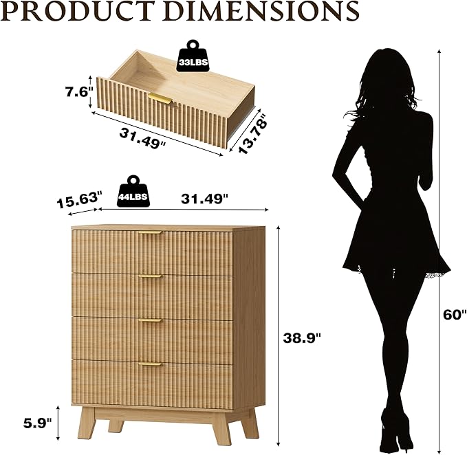 BORNOON 39" Tall Dresser for Bedroom, 4-Drawer Fluted Chest of Drawers, Modern Wood Highboy with Deep Storage, Metal Slides & Handles, Anti-Tip Kit, Vertical Clothes Organizer for Apartment, Nursery