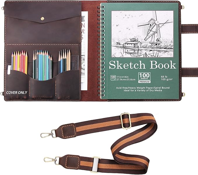 Robrasim Handmade Leather Sketchbook Cover, Artist Sketch Pad Holder for 11"X14" Sketchbook, Drawing Book and Pencil Case, Journal Notebook Portfolio with Shoulder Strap, Artist Gifts, Coffee