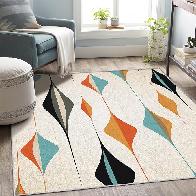 Mid Century Modern Rug 8x8, Washable Retro Geometric Rugs for Living Room Bedroom, Minimalist Area Rug for Home Decor, Non Slip Backing Floor Carpet with Gripper - 8 x 8 ft