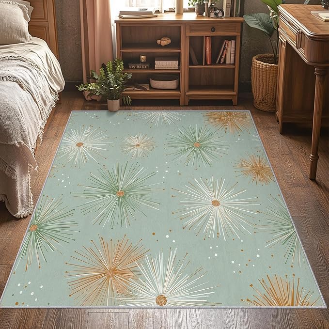 Mid Century Modern Rugs for Bedroom 5x8 ft, Starburst Area Rugs for Living Room, Washable Non Slip Low Pile Retro Atom Carpet, Home Decor PF-P 107