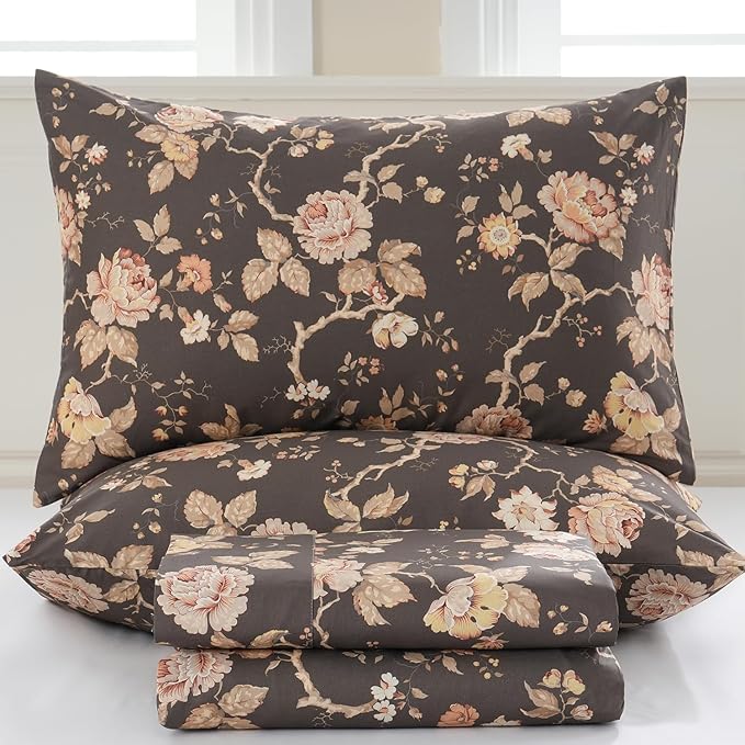 Zusbest Dark Brown Floral Bed Sheets Set - King Size Percale Cotton Shabby Rustic Peony Flower Print Bed Sheets - Soft Breathable Mocha Classic Vintage Bedding 4 Pcs Deep Pocket Flower Bed Sheets