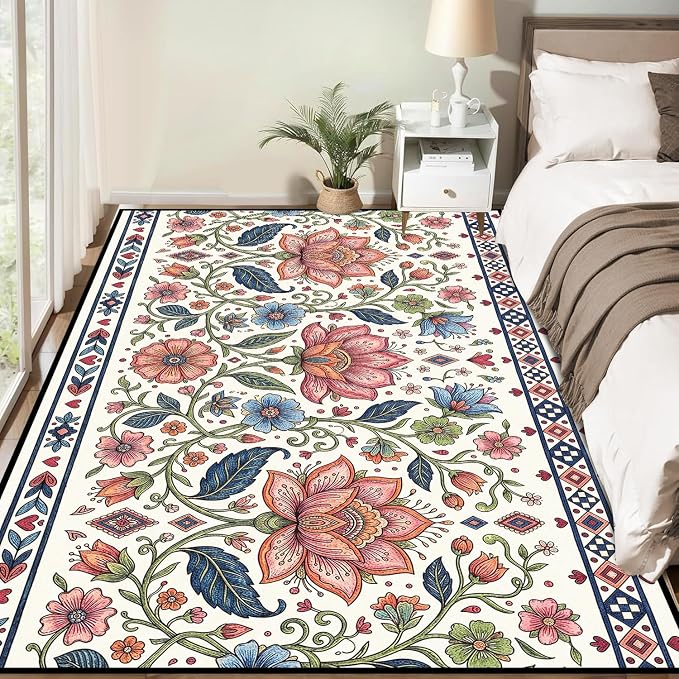 6'x9' Boho Floral Area Rug Vintage Colorful Botanical Carpet Non-Slip Washable Rugs for Bedroom Living Room Nursery Kitchen Playroom Home Decor