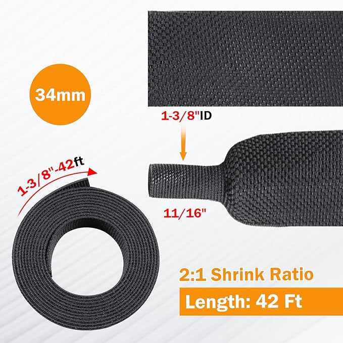 FOURUB 50% Woven Wire Loom Heat Shrink Braided Sleeving Shrinkable Fabric Cable Sleeve Braid Hose Covering Protection for Automotive Wire/Harness/Sheath(1-3/8"-42ft)