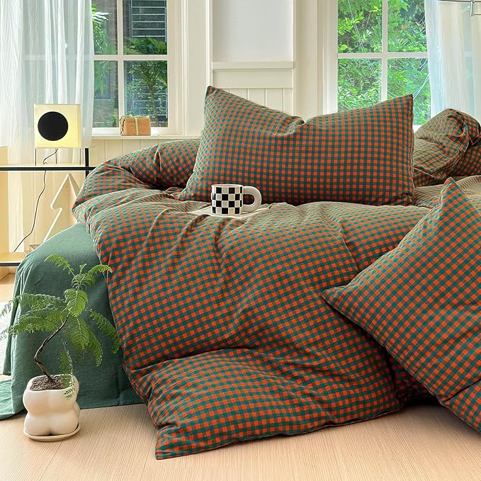 LifeTB Gingham Comforter Set Full Modern Style Orange Green Plaid Grid Comforter Soft Fluffy 3 Pieces Checkered Pattern Comforter Set Farmhouse Gingham Bedding Comforter with 2 Pillowcases