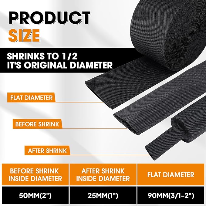 SUNNAREPOON Black 2:1 Ratio Automotive Heat Shrink Braided Sleeving,Wear-Resistant Flat Woven Shrinkable Sleeve Fabric Car Cable Wires Hoses Protection (2"-66ft)