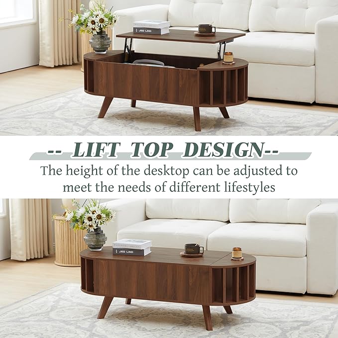Janmer Home Small Lift Top Coffee Table with Storage, 47.3" Mid Century Modern Curved Coffee Table, Oval Center Table with Lift Tabletop for Living Room, Office (Walnut)