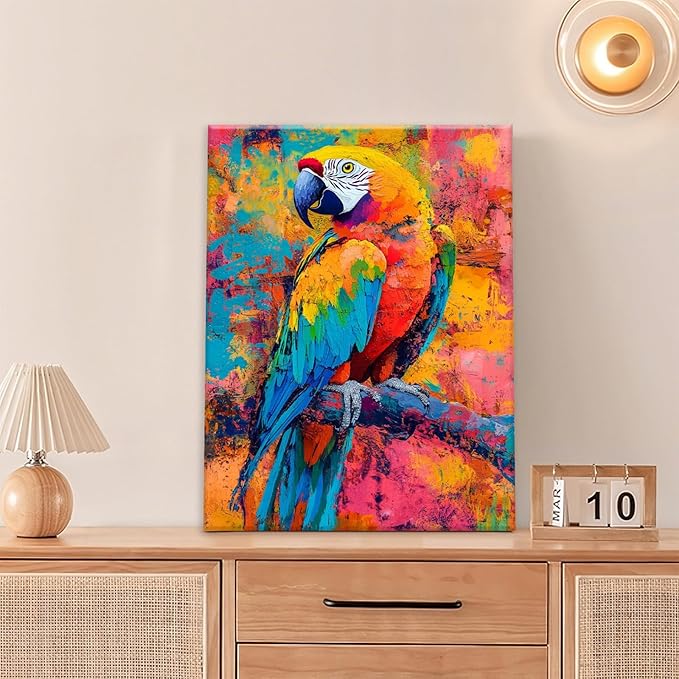 Parrot Wall Art, Graffiti Parrot Pictures Wall Decor, Colorful Birds Canvas Prints, Banksy Animal Painting, Framed Artwork for Bathroom Living Room Bedroom Office Dining Room 20"X16"