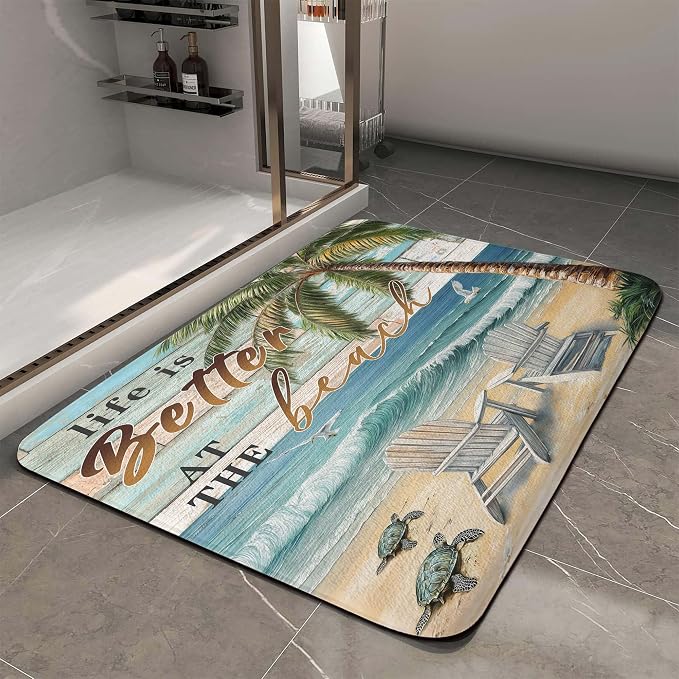 Beach Sea Turtle Seagull Palm Tree Ocean Bathroom Rugs Mat, Non Slip Rustic Beach Bath Rugs for Bathroom, Durable Rustic Wooden Flannel Mat Rug, Absorbent Water Mats for Laundry Room Kitchen,17X48