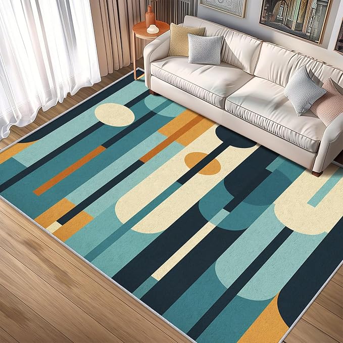 Mid Century Rug 6x8, Washable Modern Geometric Rugs for Living Room Bedroom, Abstract Mid-Century Area Rug for Home Decor, Non Slip Backing Floor Carpet - 6 x 8 ft