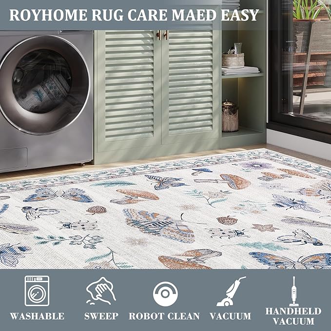 Washable 2x6 Vintage Mushroom Runners for Hallway Entryway Retro Distressed Kitchen Carpet Runner Low Pile Soft Bedside Boho Carpet Non Slip Bath Rug Thin Floral Accent Carpets, Beige