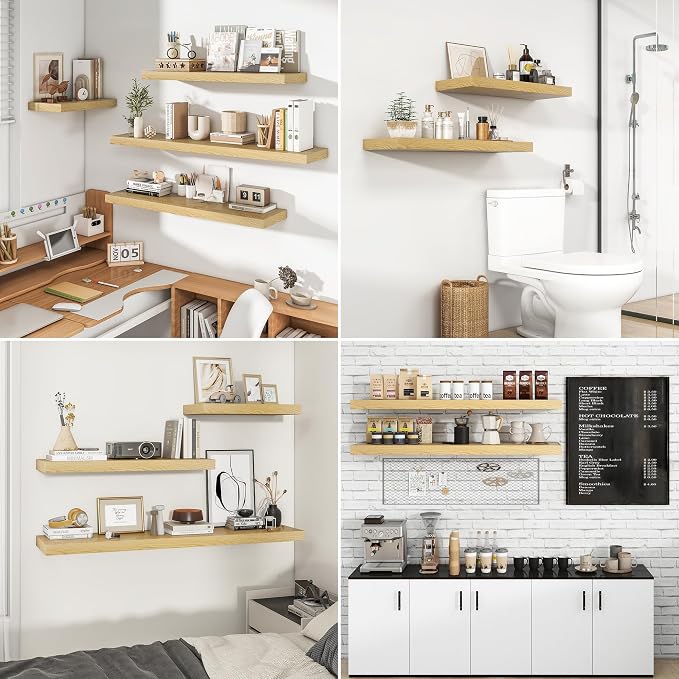 RICHFOCUS 48Inch Floating Shelves for Wall 2 Pack Shelves for Bedroom|Kitchen|Bathroom Wall Mounted Rustic Wood Floating Shelf with Invisible Brackets for Books|Storage|Decor, Oak
