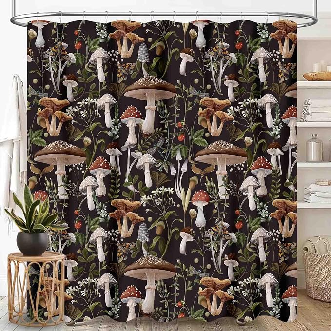 Mushroom Shower Curtain, RFarmhouse Country Wild Floral Botanical Mushroom Cottagecore Nature Plants Leaves Herbs Black Waterproof Fabric Bathroom Shower Curtain Set with Hooks, 72"x78" Inch