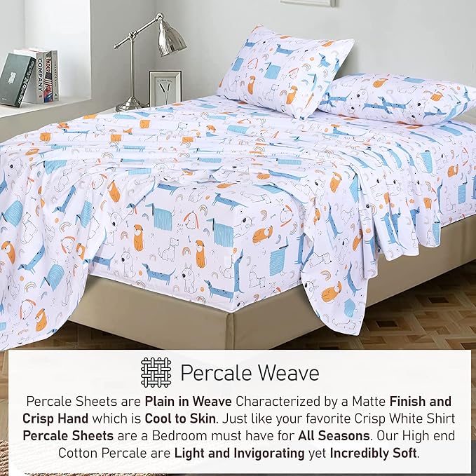 RUVANTI 100% Cotton Sheets Queen Size Set, 4 Pieces, Soft & Breathable Percale Weave Bedding, Deep Pocket 16", Hotel Standard, Crisp Cool Feeling, Durable, Perfect Floral Bed Sheet, Puppy Me