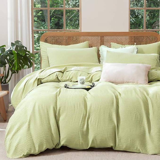 King Size Duvet Cover Desert Sage, Luxury Soft Microfiber Double-Layer Crinkle Gauze Sage Duvet Cover, 3 Pieces Bedding for All-Season, Breathable with Zipper Closure