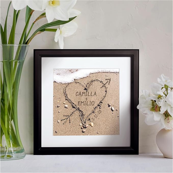 Let's Make Memories Personalized Printed Wall Art For Couples - Engagement, Wedding, Newlyweds, Anniversary - Home Decor - Heart in Sand - Framed Print - 16x16
