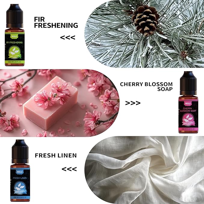 MISIJI Housekeeping Essential Oils Set for Diffuser,Pure Aromatherapy Oil for Diffuser,Candle Making,Natural Soap Scent,Cherry Blossom Soap,Fresh Mint,Fresh Linen,Air Freshener,Extra Clean