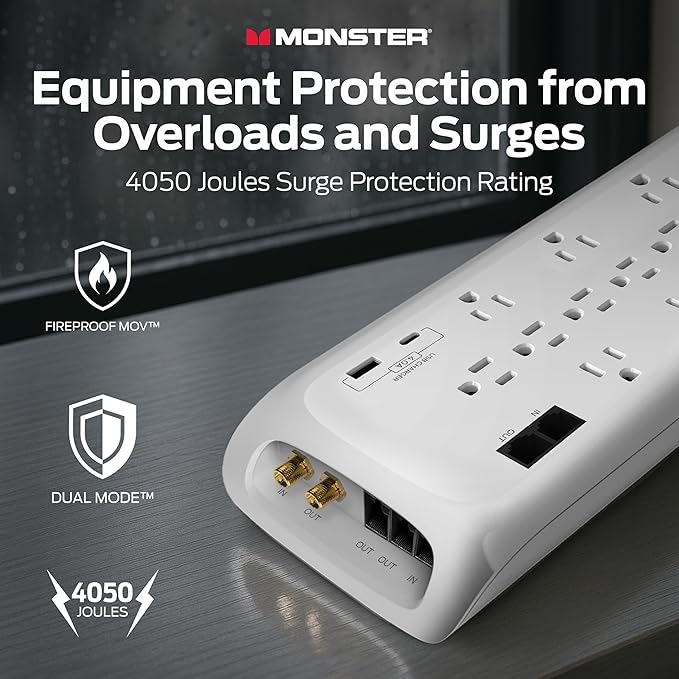 Monster Power Surge Protector w/ 4050 Joule Rating — Heavy Duty 6 FT Surge Protector Power Strip w/ 12 Outlets, 2 USB, 2 Coax, 2 Ethernet Ports — Fireproof MOV, Dual Mode, Clean Tech (White)