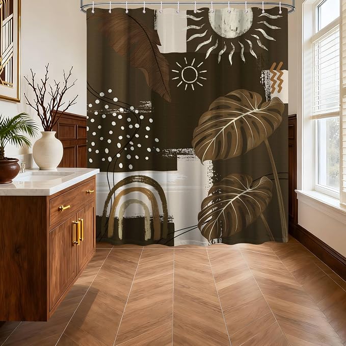 Dark Brown Mid Century Modern Shower Curtain Boho Abstract Khaki Earth Tone Shower Curtains for Bathroom Decor Sets, Waterproof Cloth Fabric with Hooks, 72 x 84 Inch
