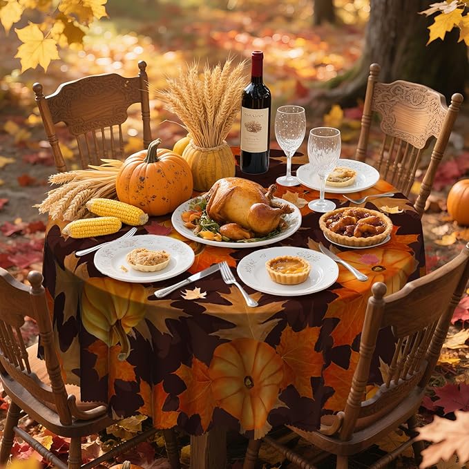 Eikione 70In Round Tablecloth, Pumpkin Table Cloth, Black Checkered Tablecloth Pumpkin Fall Tablecovers