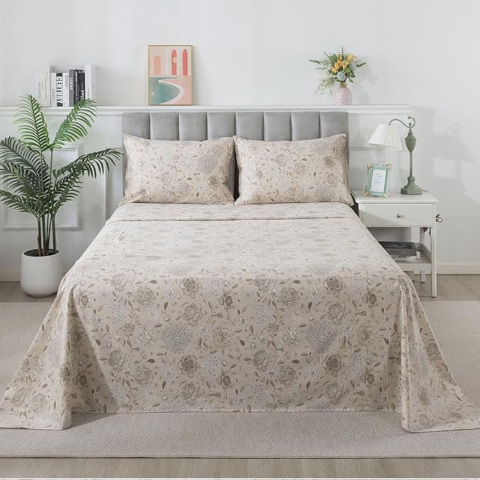 FADFAY Light Khaki Vintage Hydrangea Floral King Size Sheets Set 100% Brushed Cotton Shabby Peony Pattern Bedding Set Deep Pocket Sheets with 2 Pillowcases Luxury Daisy Breathable Soft 4pcs, King Size