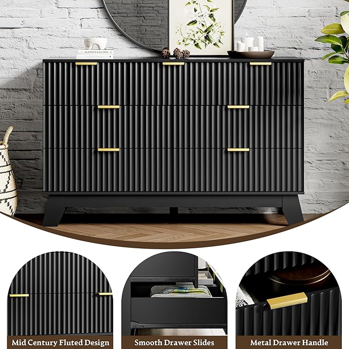 HUANLEGO Fluted Dresser for Bedroom with 7 Drawer, Mid Century Modern Chest of Drawers, 48" Wide Natural Wood Dresser for Closet, Wooden Boho Chest Closet Storage TV Stand for Bedroom, Black