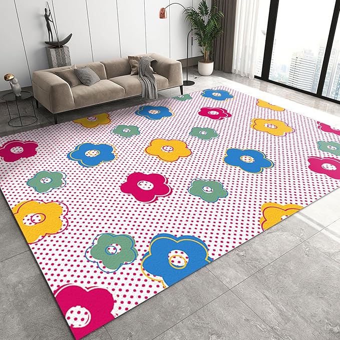 Cartoon Cute Flowers Area Rug, Pink Polka Dot Background Non Slip Decorative Rugs, Breathable Durable Carpet for Indoor Bedroom Living Room Sofa Office Floor Rug - 5 ft x 8 ft