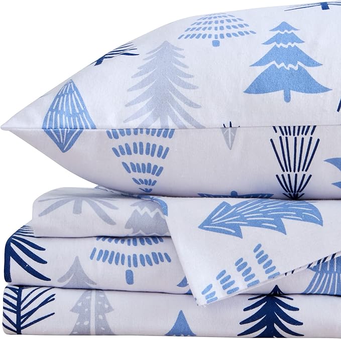 Market & Place 100% Turkish Cotton Flannel Sheet Set | 4 Piece Deep Pocket Novelty Cozy Winter Bed Sheets | Double Brushed for Extra Softness & Comfort | Alpine Collection (Full, Blue Forest)