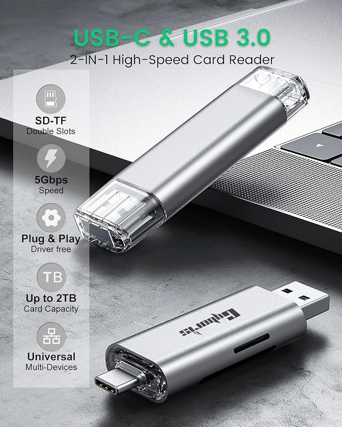 CYBORIS Micro SD Card Reader, USB 3.0 USB-C Memory Card Reader, Aluminum Multi 2-in-1 External SD Card Adapter for Phone Camera PC Laptop Table, Support TF/SD/Micro/SD/SDXC/SDHC/MMC/RS-MMC/UHS-I