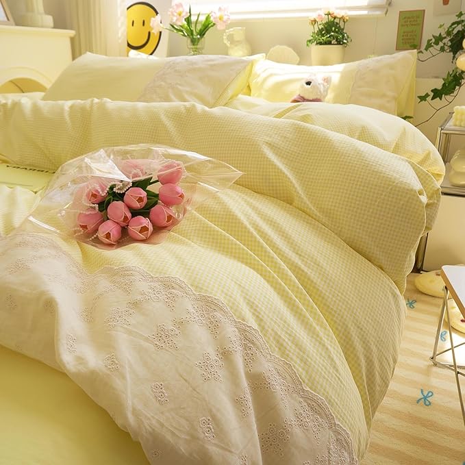LifeTB Yellow Gingham Duvet Cover King 3 Pieces Romantic Lace Comforter Cover Soft Microfiber Cream Yellow Grid Duvet Cover Farmhouse Plaid Checkered Comforter Cover Grid Gingham Bedding Set