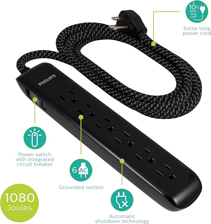 Philips 6 Outlet Surge Protector Power Strip, Designer Braided Power Cord, 10 Ft, Flat Plug Extension Cord, Perfect for Office or Home Décor, 1080 Joules, ETL Listed, Black, SPC3064BG/37 (Pack of 6)