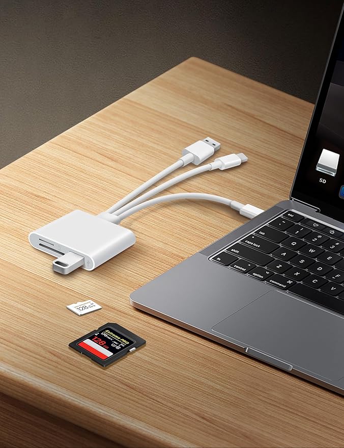 SD Card Reader for iPhone iPad Laptop 3-in-1 Connectors Memory Card Adapter with Dual Slots & USB Port Trail Game Camera Viewer for iPhone Mac MacBook Android Laptop White