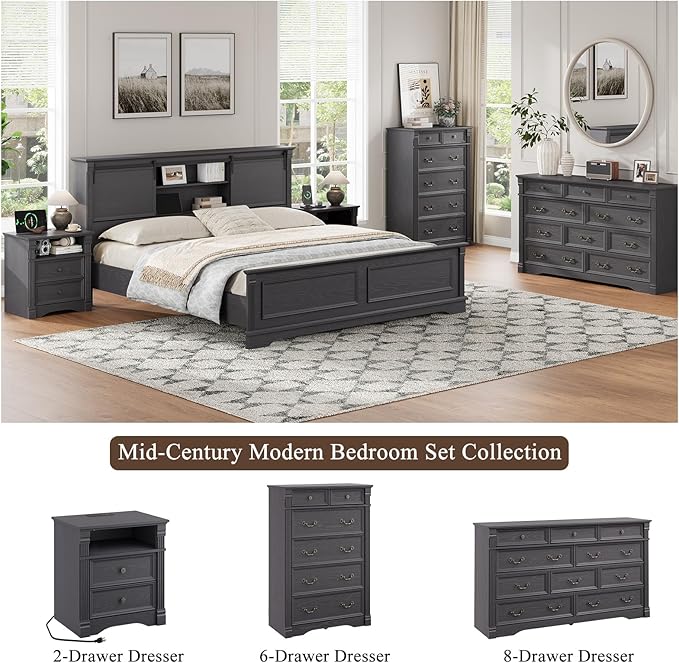 Grey Nightstand Set of 2 with Charging Station, Farmhouse End Table with 2 Drawers and Open Shelf, Wooden Bedside Table with Metal Handles, Vintage Design, Organizer for Bedroom, Hallway