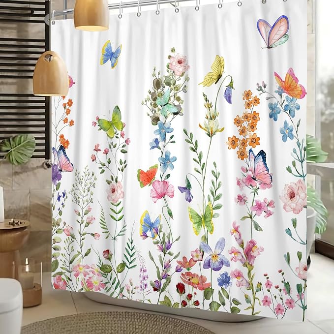 Spring Floral Butterfly Shower Curtain Summer Colorful Wildflowers Botanical Shower Curtain for Rustic Vintage Bathroom Decor Easter Shower Curtain Set 69x70 Inches