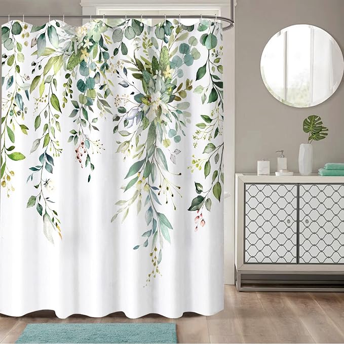 Green Eucalyptus Shower Curtain Watercolor Floral Plant Leaf Shower Curtains for Bathroom Sage Botanical Flower Waterproof Fabric Bath Curtain Decor with Hooks (Green, 72'' x 72'')