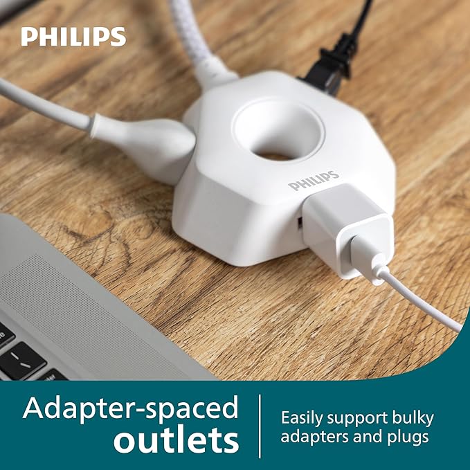 Philips EZGrip Indoor Extension Cord with Multiple Outlets, 3 Prong Grounded Cord, Short Extension Cord, Ergonomic Design, 16AWG, 4ft Braided Cord, ETL Listed, White, SPS3574W/37