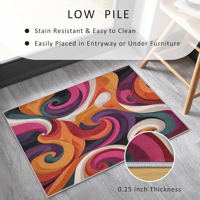 70s Rug 6x9 Retro Funky Hippie Psychedelic Swirl Pattern Area Rugs for Living Room, Bedroom, 70s Home Decor Accessories Indoor Carpet, Non Slip & Machine Washable, GD0399