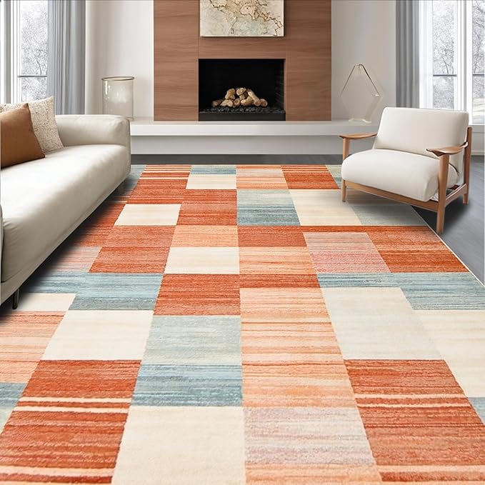 Flatwoven High Traffic Area Rug 8x10, Eclectic Layered Geometric, Non Slip, Stain Resistant, Washable Area Rugs for Living Room, Bedroom (Orange, 8x10)