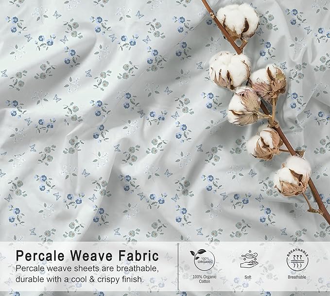 RUVANTI 100% Organic Cotton Sheets Queen Size, Percale Weave, GOTS Certified, 4-Piece Set, Deep Pocket 15", Crisp & Breathable, Soft Durable Bedding, Sábanas Algodón Orgánico – Butter Flight