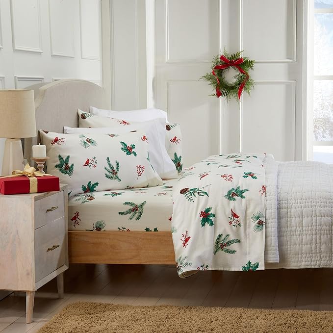 Market & Place 100% Cotton King Flannel Sheet Set | 4 Piece Deep Pocket Novelty Cozy Winter Bed Sheets | Double Brushed for Extra Softness & Comfort | Alpine Collection (King, Cardinal & Pine)