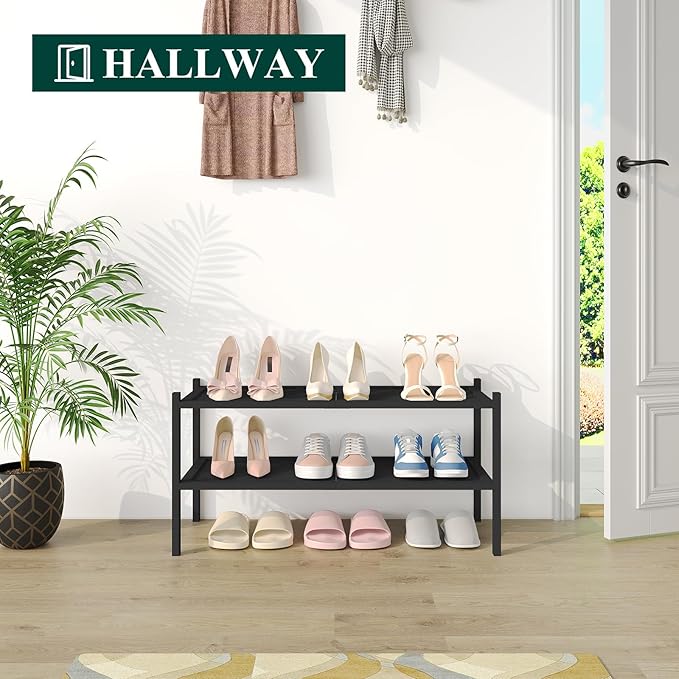 Smiry Bamboo Shoe Rack, 2 Tier Shoe Organizer for Entryway & Closet, Stackable Free Standing Storage Shelf for Shoes, Bags & Plants, Black