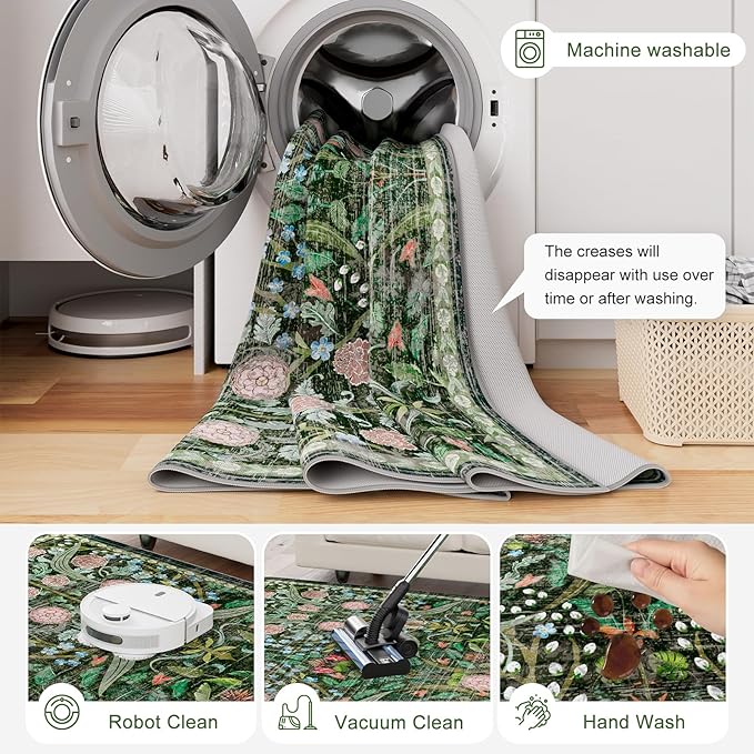 AMTOVO 6x9 Washable Area Rugs for Living Room, Non-Slip Large Soft Boho Floral Vintage Accent Print Carpet for Bedroom Dorm Nursery Room Dining Room Farmhouse Home Office, Dark Green