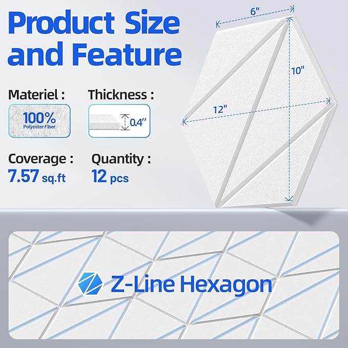 12 Pack Acoustic Panels with Self-Adhesive 12"X10"X0.4" Sound Proof Foam Panels for Walls, High Density Soundproof Wall Panels, Z-Line Hexagon Sound Dampening Panels for Home Studio Decor Office-White